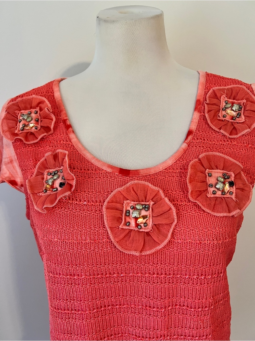 Vandana Coral Crochet Tunic Top Medium Boho Embellished Tie Dye NWT Y2K 2000s - Picture 2 of 7